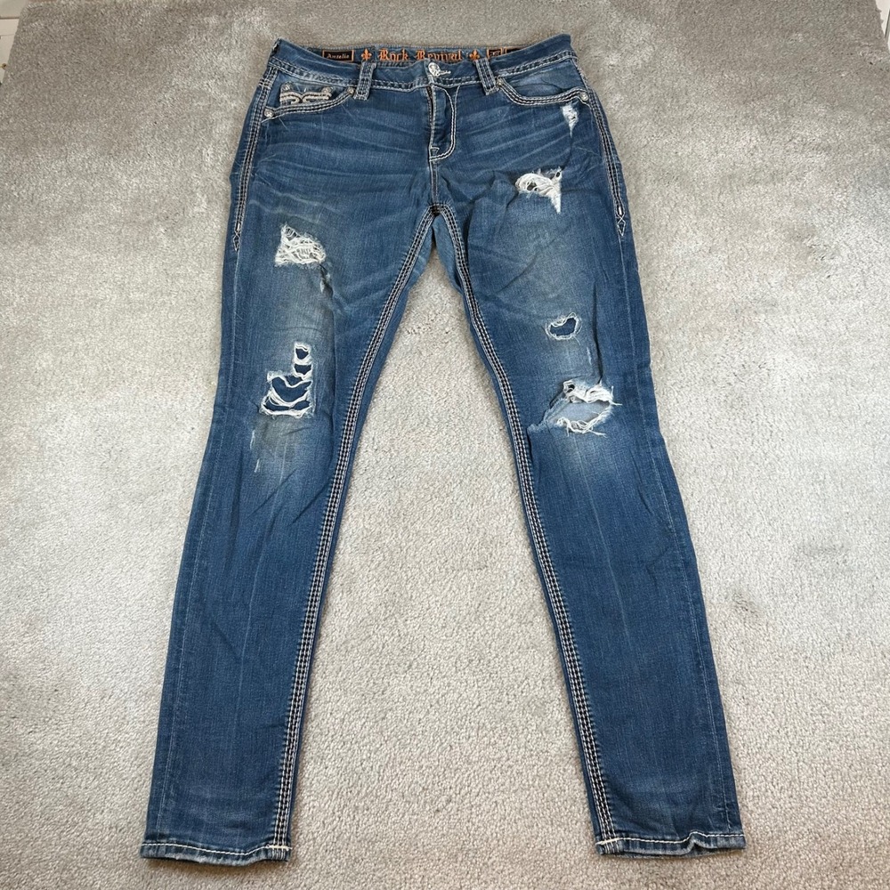 Rock Revival Anzelie Easy Skinny Womens 28 Blue Distressed Ripped Jeans Grunge